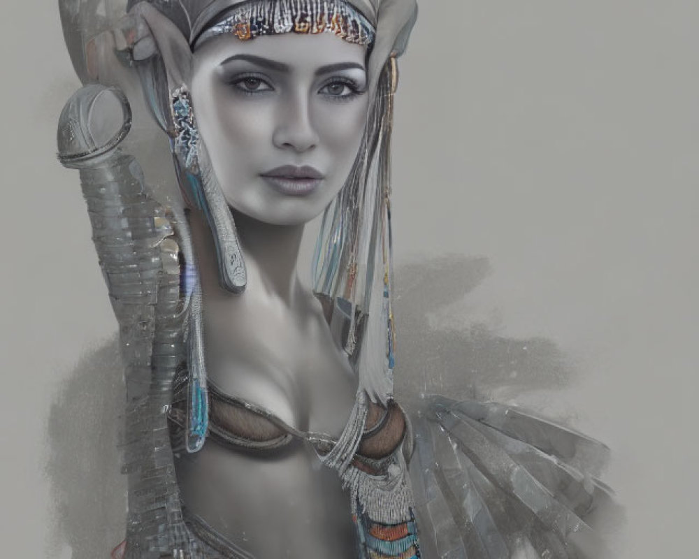 Digital artwork of woman in futuristic tribal attire with metallic ornaments, intricate headdress, and detailed makeup