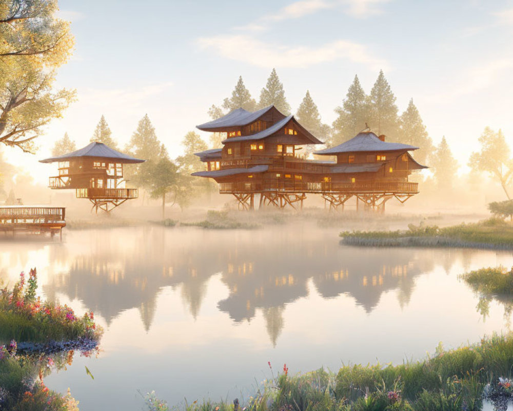 Stilted wooden houses mirrored in serene lake at sunrise