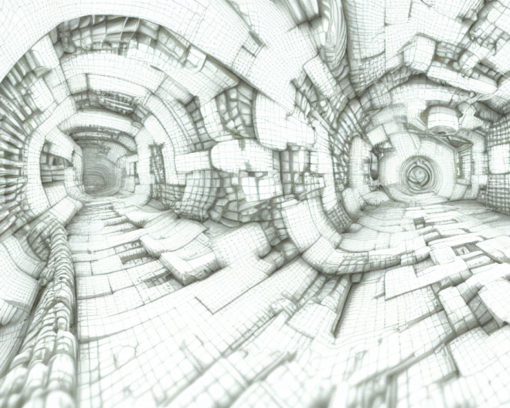 Monochrome digital 3D rendering of complex wireframe tunnel