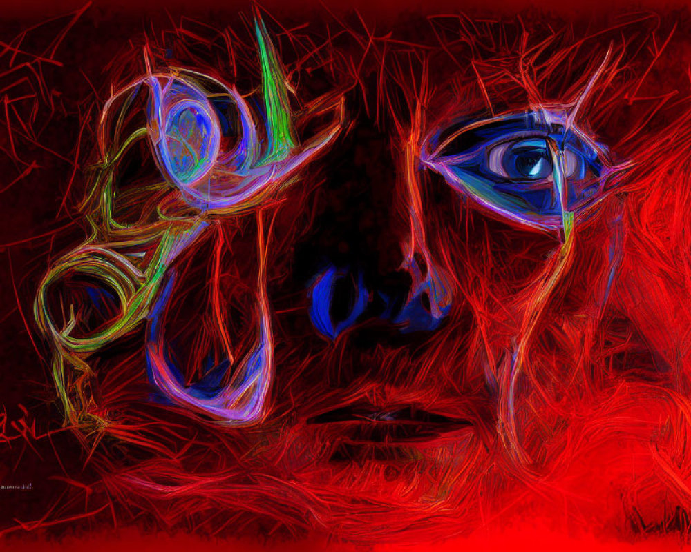 Vibrant red abstract digital art of a human face with swirling lines and colorful strokes