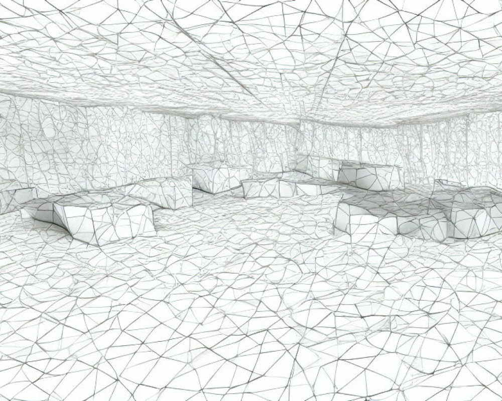 White Mesh Wireframe Room with Cube Objects Scattered