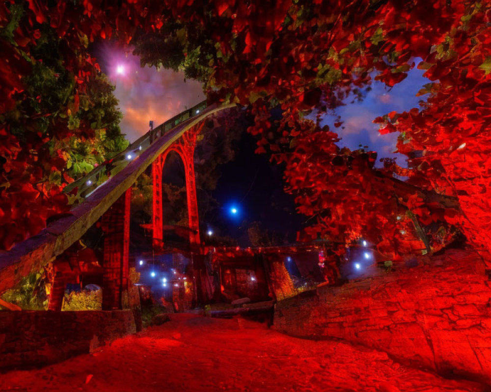 Vibrant night shot of arched bridge with red illumination and autumn leaves under starry sky