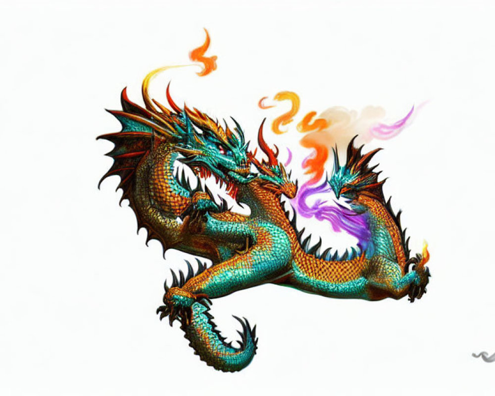 Colorful Dragon Breathing Flames on White Background