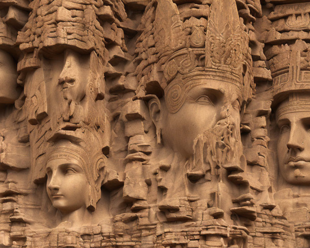 Ancient warrior faces carved on stone wall with ornate headdresses