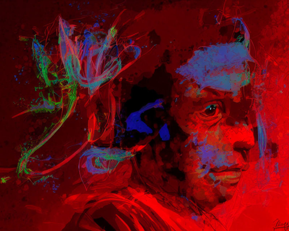 Abstract Portrait with Dominant Red Hues and Blue-Green Splashes