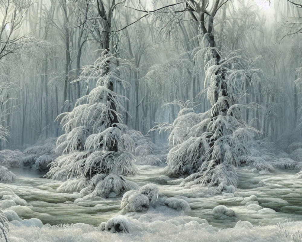 Winter Forest Scene with Frost, Snow-Laden Trees, and Misty Atmosphere