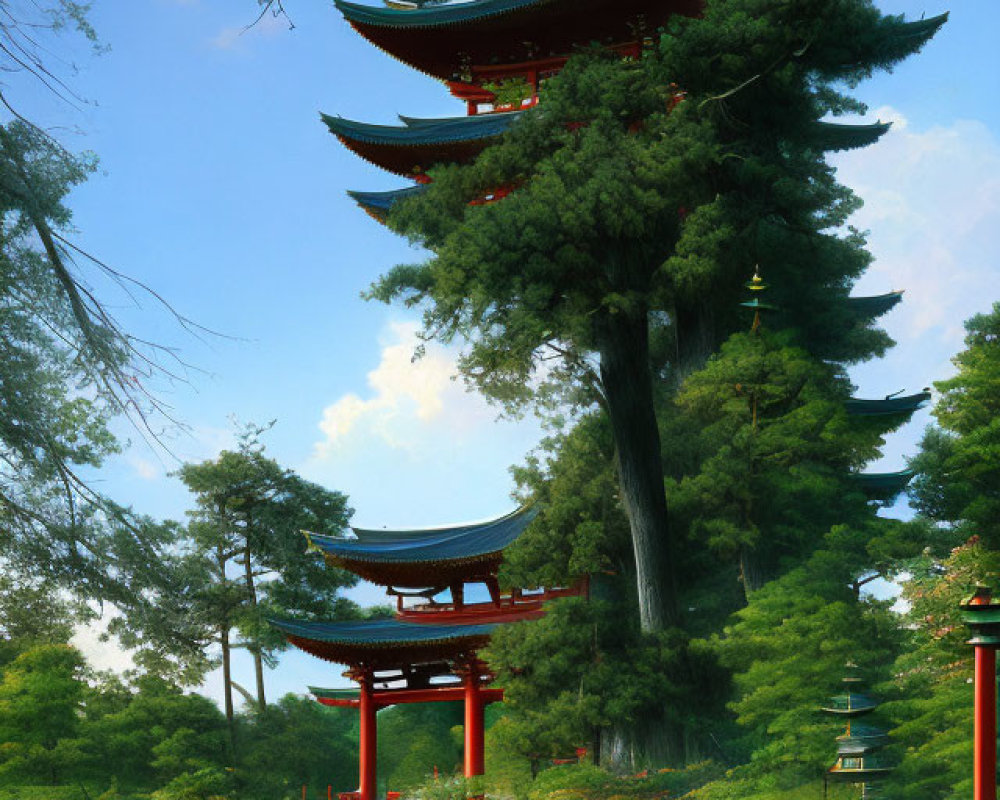 Tranquil Japanese garden with pagoda, greenery, red torii gate