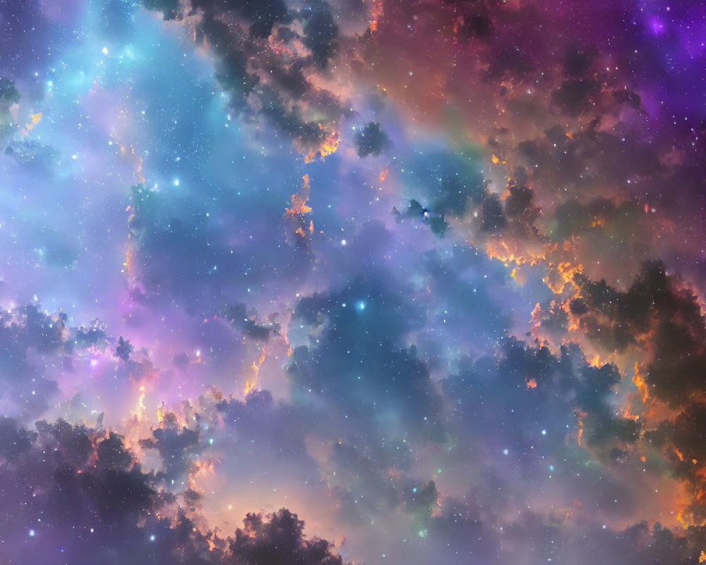 Colorful cosmic scene with blue, purple, and orange hues, resembling a nebula filled with stars