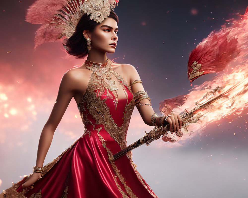 Woman in Red and Gold Costume with Feathered Headdress Holding Staff in Fiery Sky