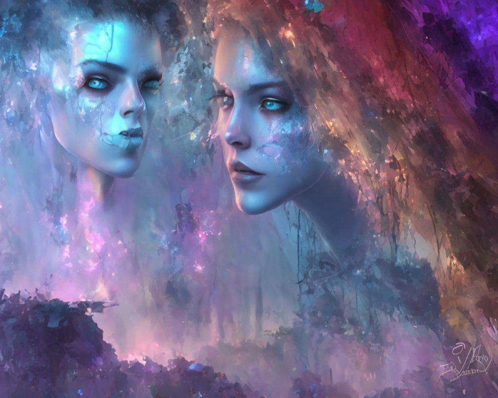 Ethereal female faces in colorful nebula background with cracked porcelain elements