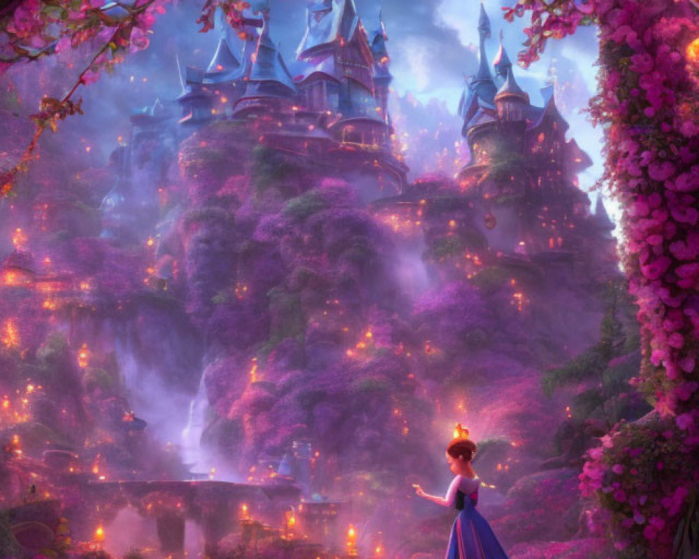 Woman in Purple Dress Admiring Fairy-Tale Castle Amid Pink Flowers