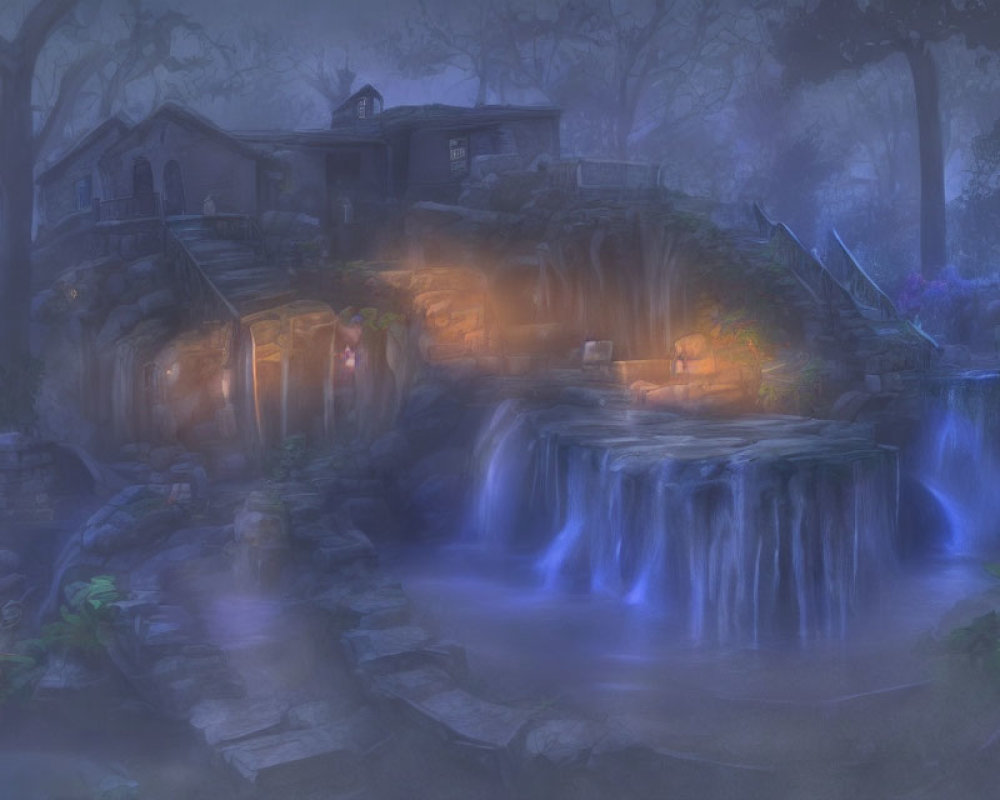 Ethereal nightscape of mystical cottage on waterfall with foggy forest.