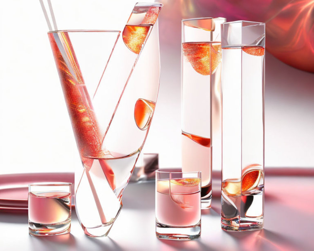 Swirling liquid in glass shapes on red backdrop: Abstract fluid elegance