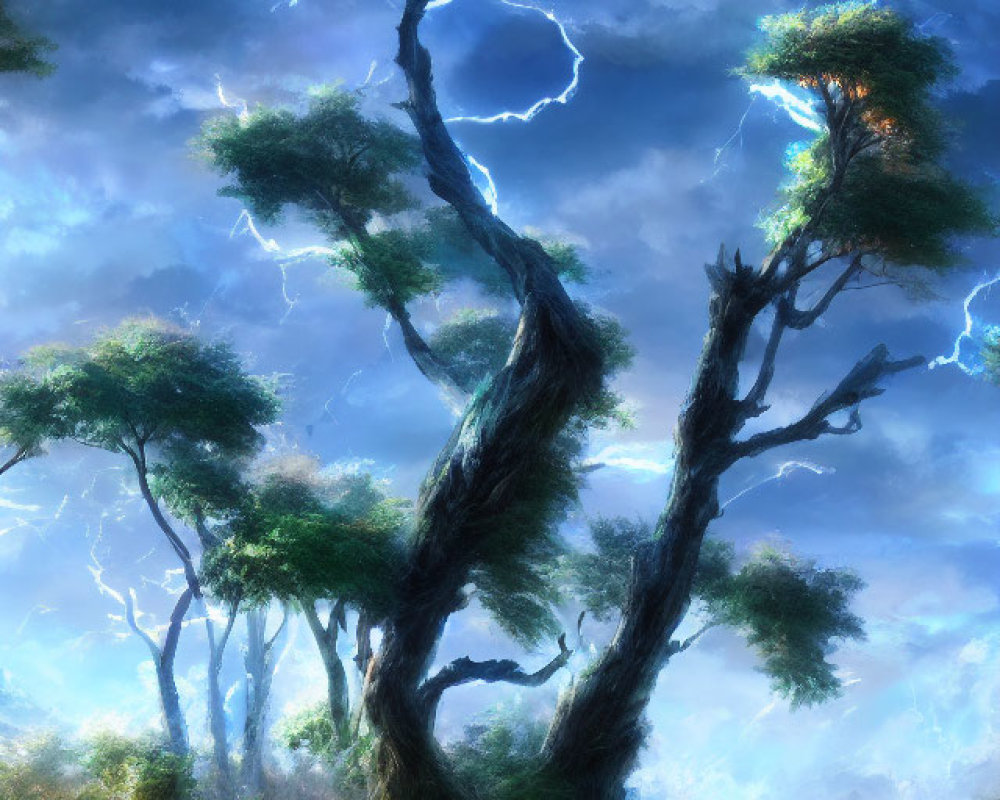 Mystical forest digital artwork with towering trees and stormy sky