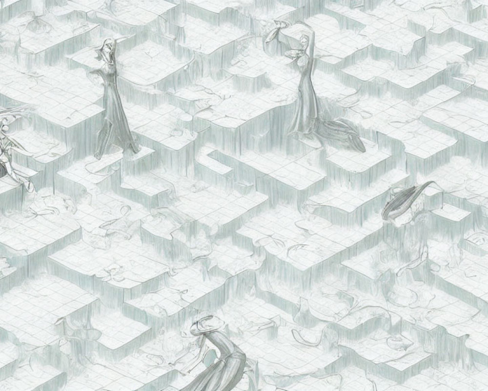 Detailed Escher-like illustration of cubic platforms with waterfalls, dragons, and robed figures.