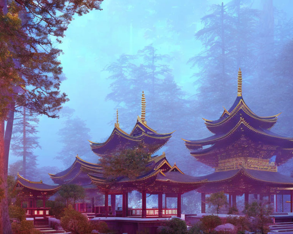 Mystical oriental temple in foggy forest at dusk with lantern light