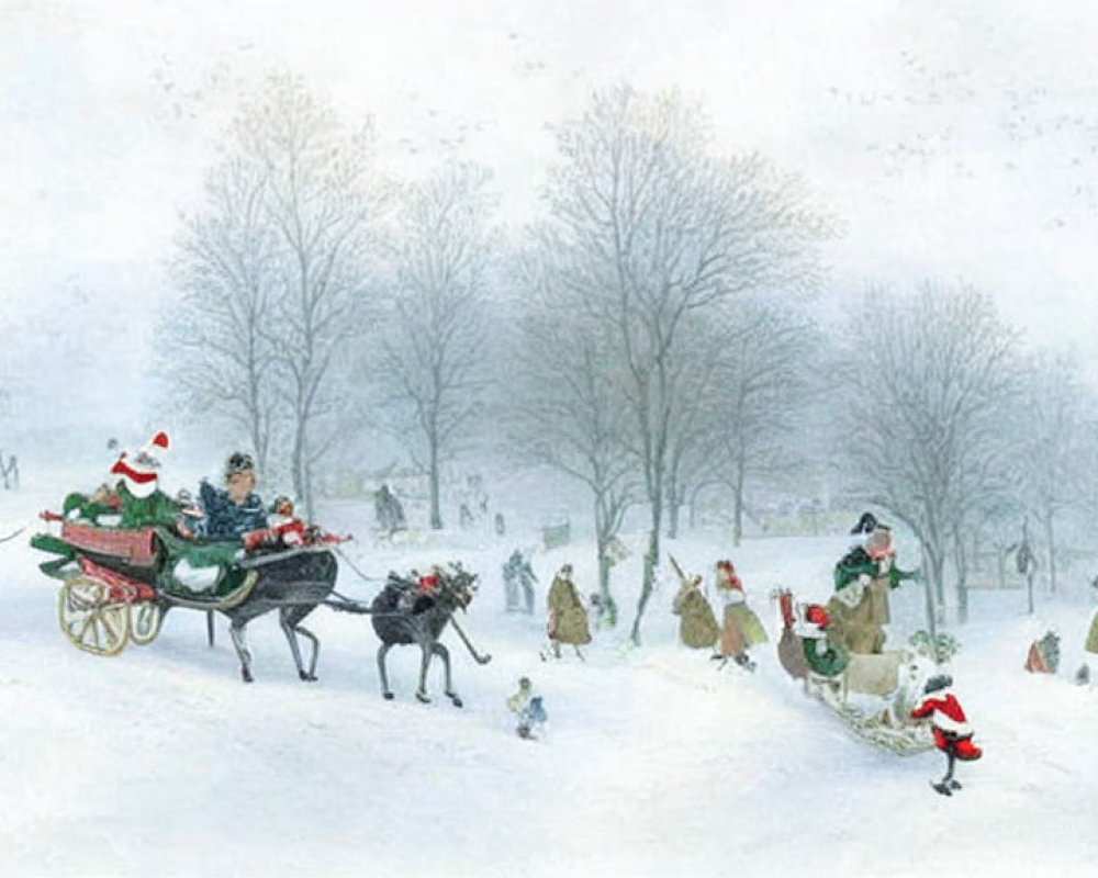 Winter Holiday Scene: Ice Skating and Sleigh Rides in Snowy Landscape