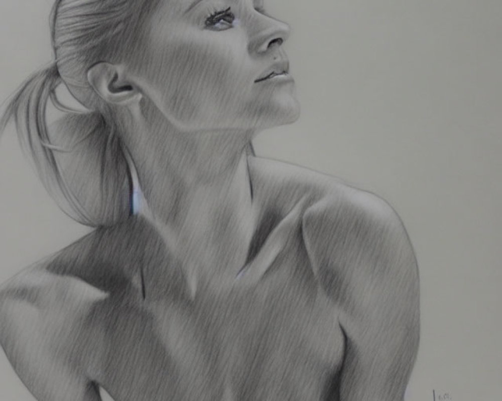 Detailed pencil sketch of woman with ponytail gazing upwards, showcasing intricate shading