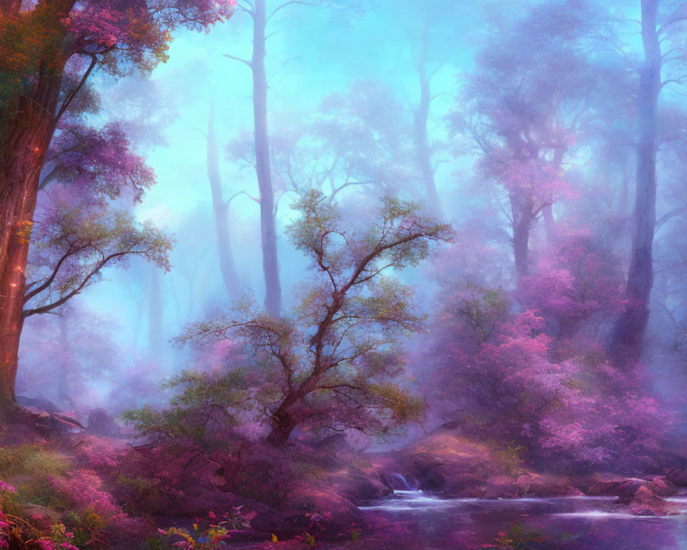 Misty forest with vibrant purple and pink foliage