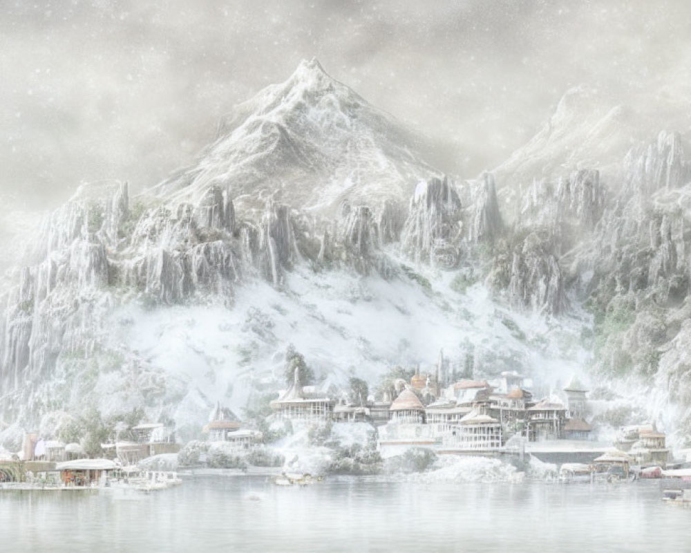 Snow-covered mountains, icy cliffs, village by serene lake in tranquil winter scene