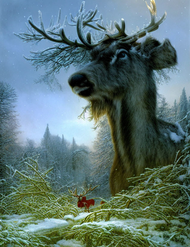 Majestic stag with tree-like antlers in snowy forest