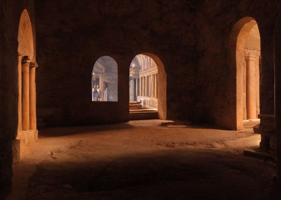 Ancient building interior with arched doorways and column details