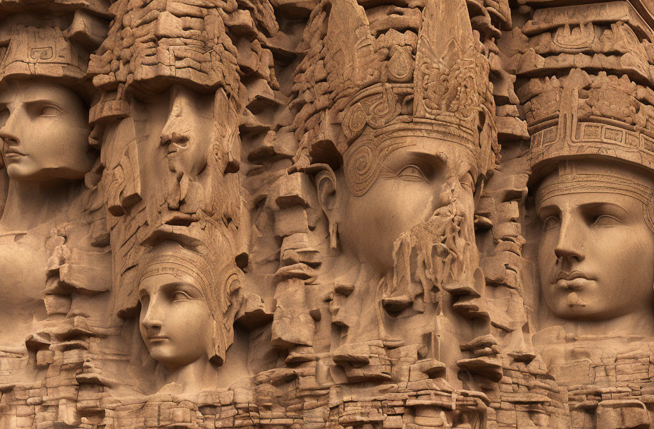 Ancient warrior faces carved on stone wall with ornate headdresses