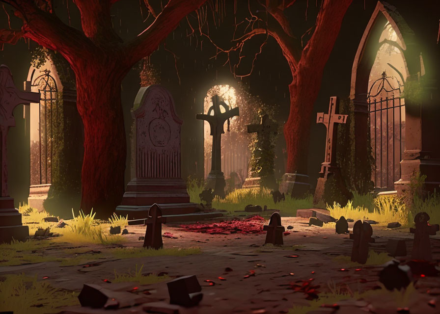 Eerie graveyard scene with tombstones, foliage, and gothic archway in warm light