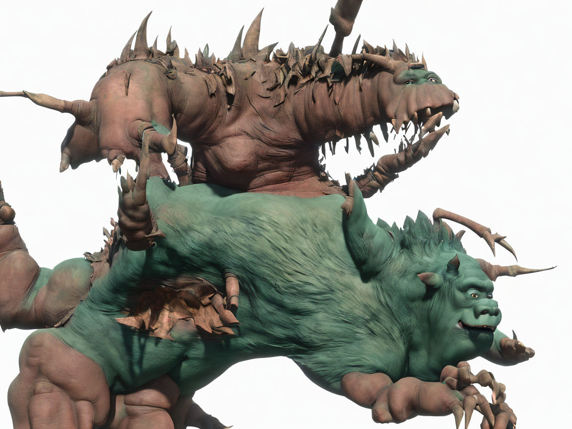 Two-headed muscular monster with green and brown skin and large horns