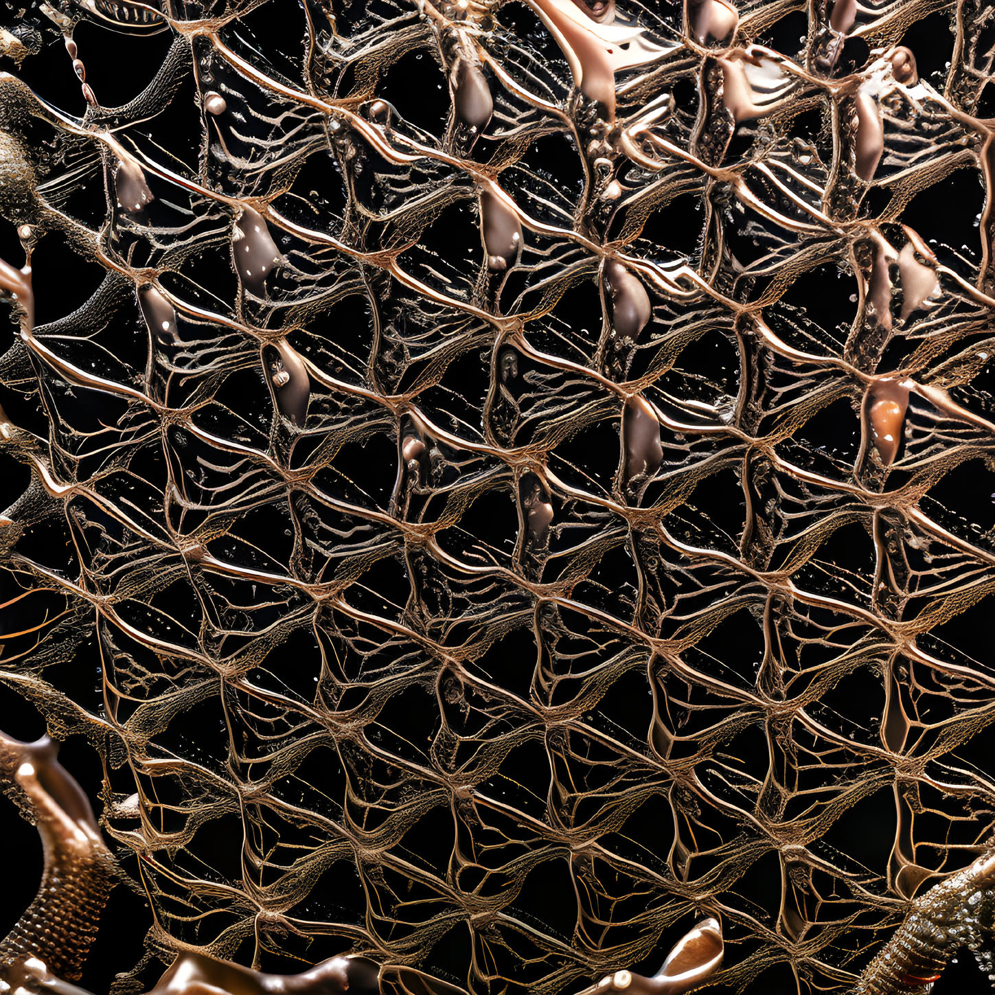 Intricate woven structure with water beads on dark background