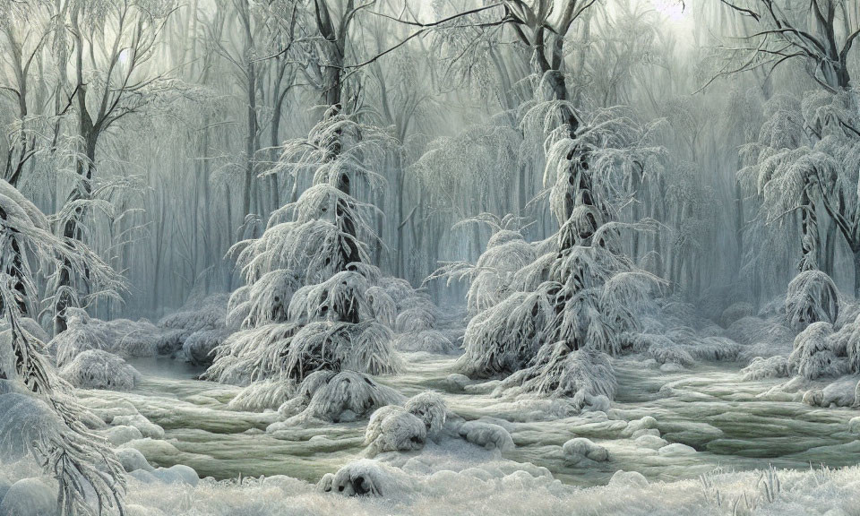 Winter Forest Scene with Frost, Snow-Laden Trees, and Misty Atmosphere