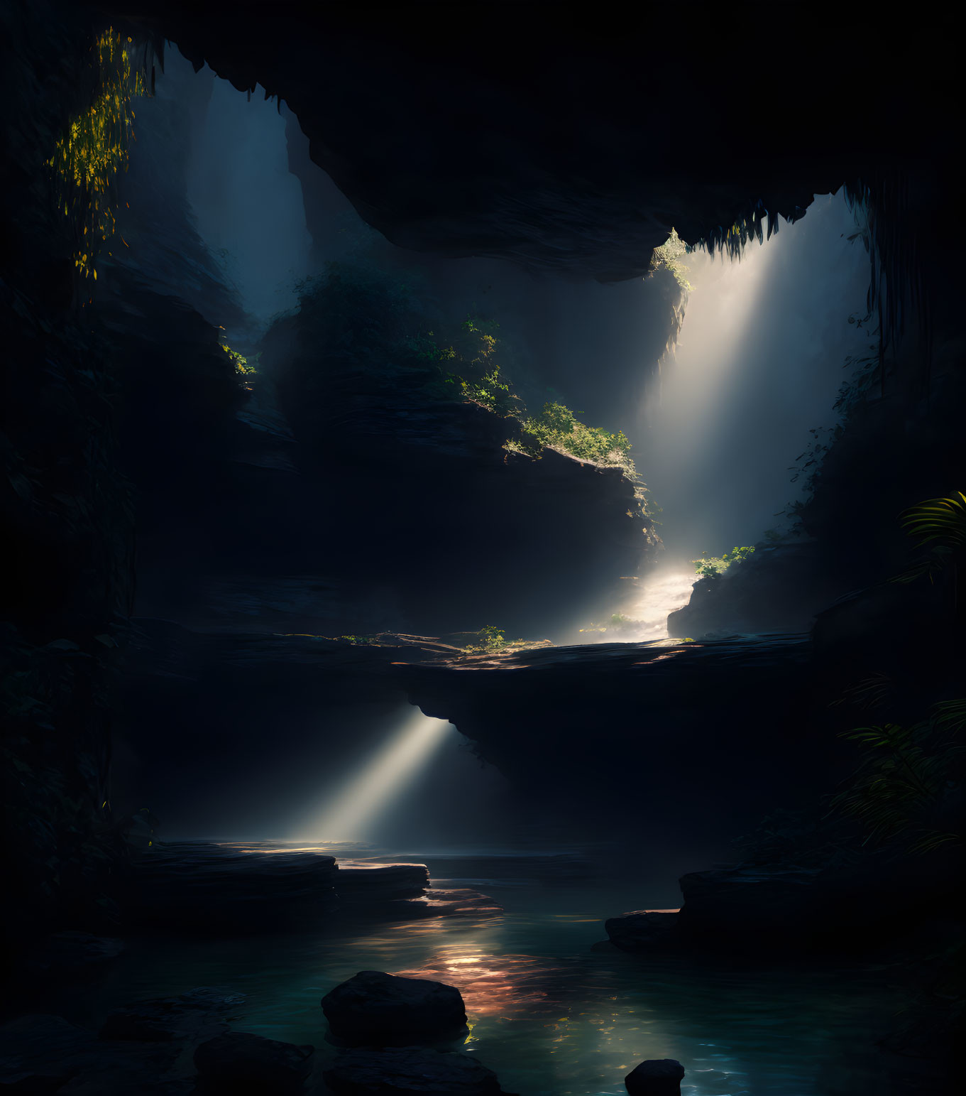 Tranquil underground cavern with lush vegetation and serene water