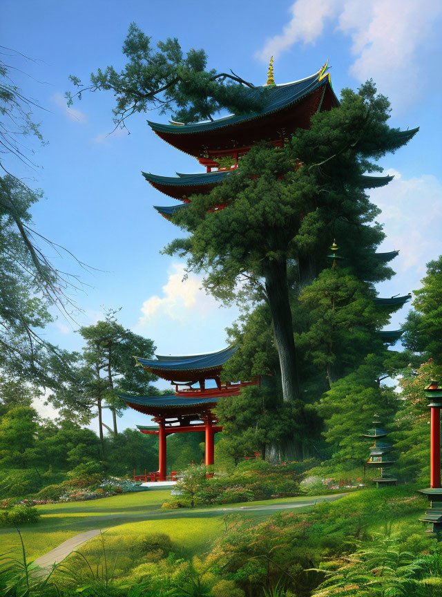 Tranquil Japanese garden with pagoda, greenery, red torii gate