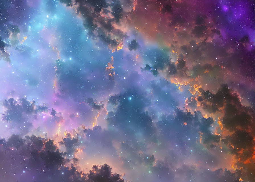 Colorful cosmic scene with blue, purple, and orange hues, resembling a nebula filled with stars