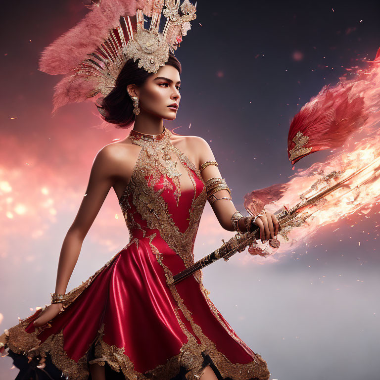 Woman in Red and Gold Costume with Feathered Headdress Holding Staff in Fiery Sky