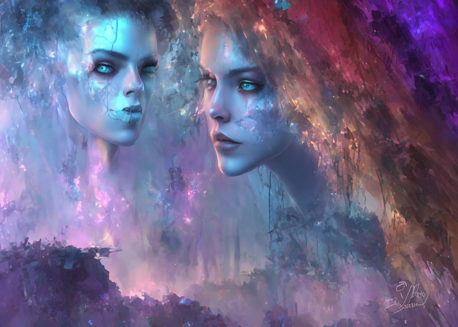 Ethereal female faces in colorful nebula background with cracked porcelain elements