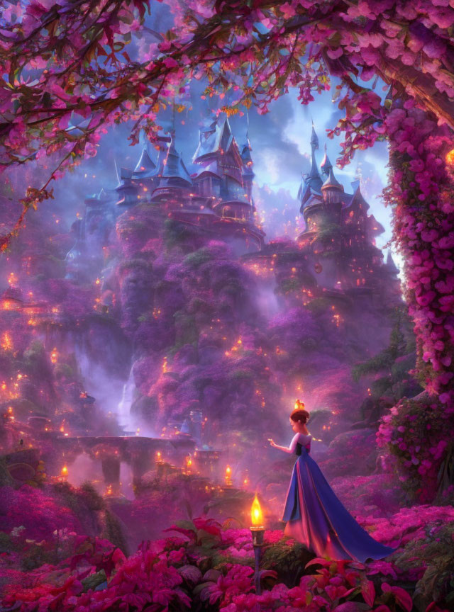 Woman in Purple Dress Admiring Fairy-Tale Castle Amid Pink Flowers