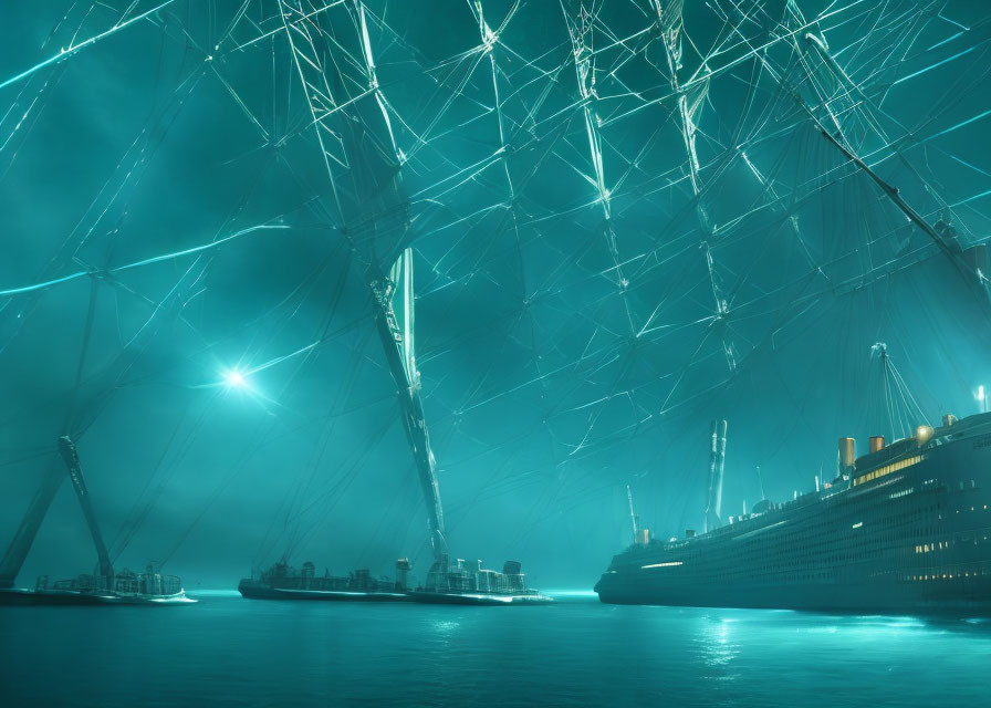 Futuristic illuminated ship at high-tech pier under green sky