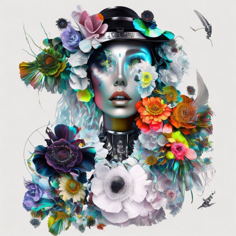 Colorful surreal portrait of female figure with flowers and birds on white background