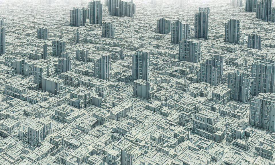 Monochromatic maze of dense high-rise cityscape