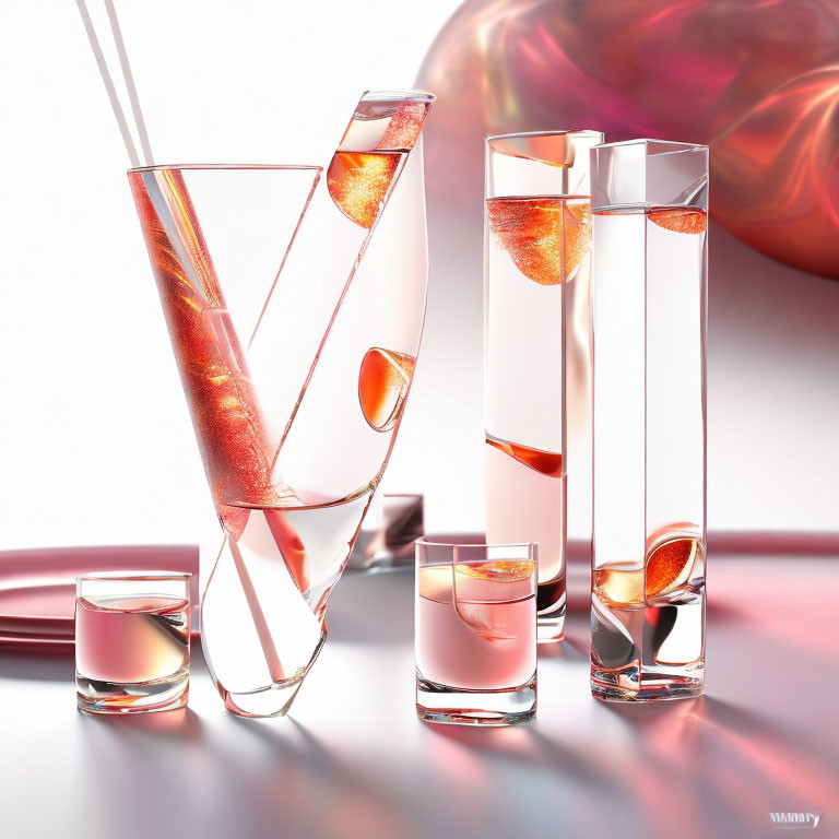 Swirling liquid in glass shapes on red backdrop: Abstract fluid elegance