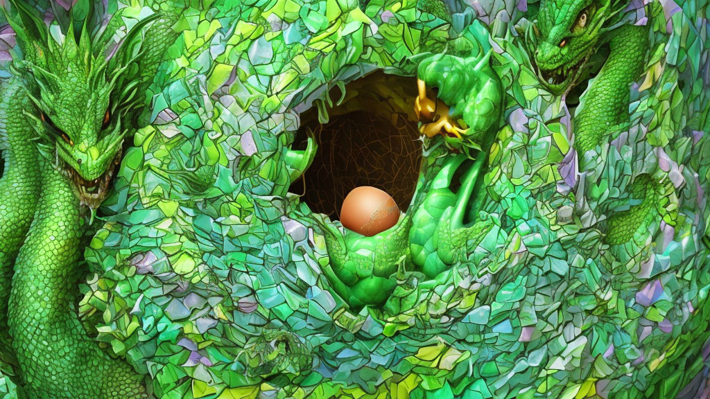 Green dragons protect golden egg in nest with cracked shells.