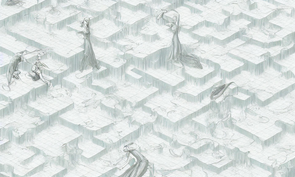 Detailed Escher-like illustration of cubic platforms with waterfalls, dragons, and robed figures.