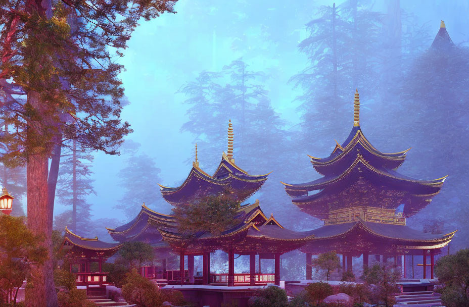 Mystical oriental temple in foggy forest at dusk with lantern light