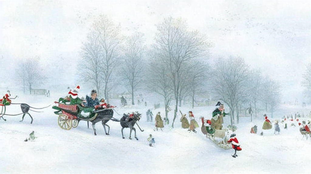 Winter Holiday Scene: Ice Skating and Sleigh Rides in Snowy Landscape