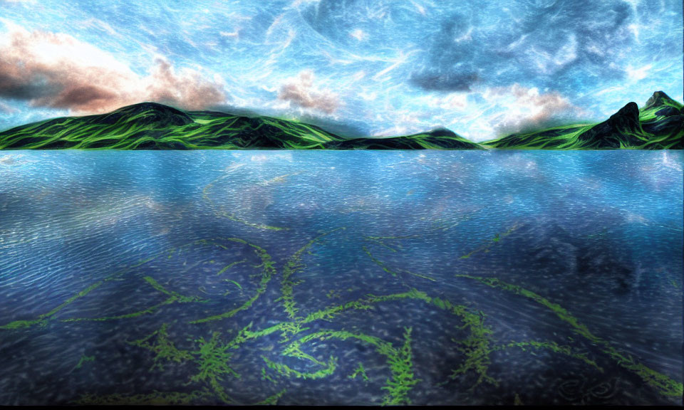 Reflective Water, Green Mountains, Swirling Blue Sky: Surreal Landscape