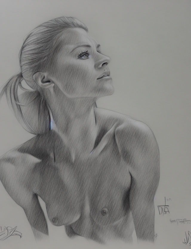 Detailed pencil sketch of woman with ponytail gazing upwards, showcasing intricate shading