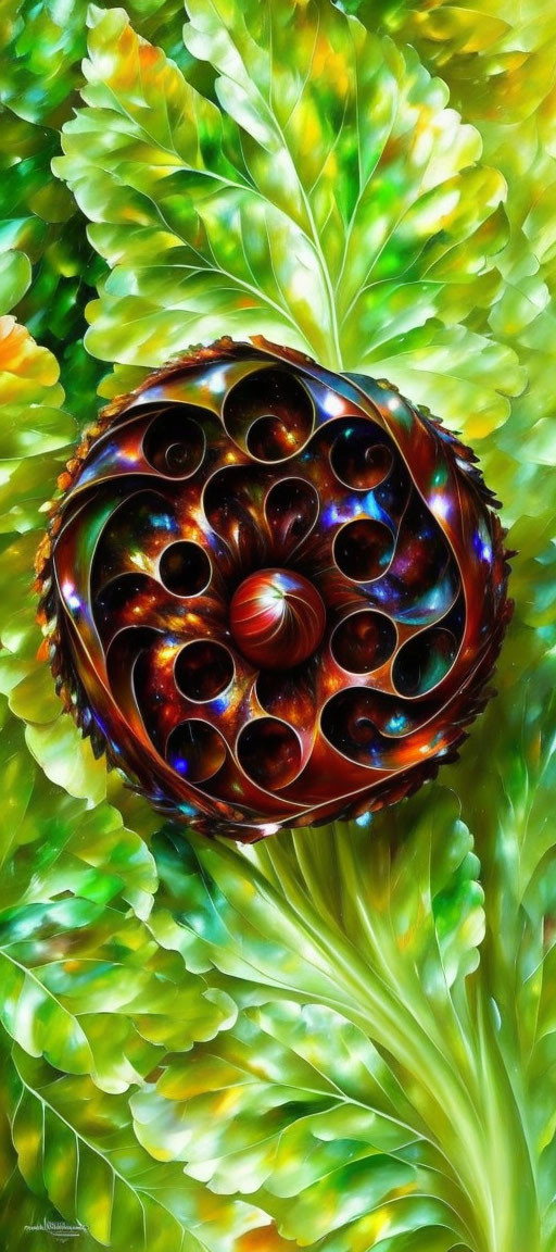 Colorful digital artwork: spherical fractal object among green leaf-like shapes