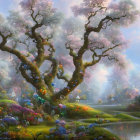 Fantasy landscape with pink trees, river, and castle in soft light