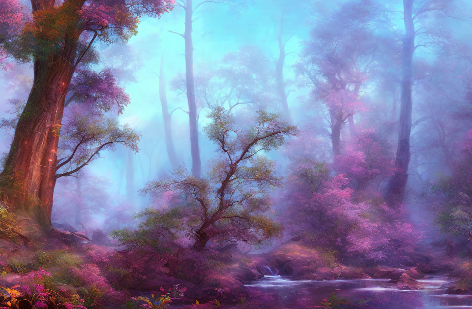 Misty forest with vibrant purple and pink foliage